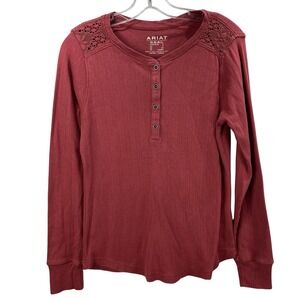 Ariat REAL Henley Womens Sz S Maroon Long Sleeve Snap Top Ribbed Stretch Crochet